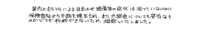 家内のむちうちによる目まいや頭痛等の症状は治っていないのに、保険会社から示談を提示され、また示談金についても妥当なものかどうか判断できないため、相談いたしました。