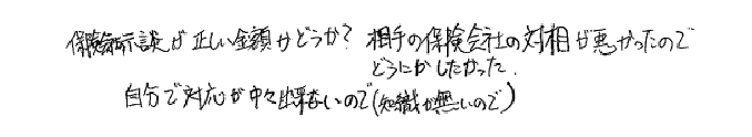 保険会社の示談が正しい金額かどうか？相手の保険会社の対応が悪かったのでどうにかしたかった。 自分で対応がなかなか出来ないので(知識が無いので)