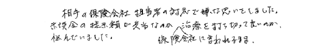 相手の保険会社担当者の対応で嫌な思いをしました。示談金の提示額が妥当なのか、保険会社に言われるまま治療を打ち切ってよいのか悩んでいました。