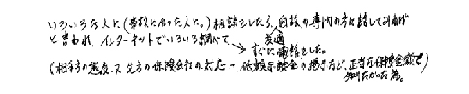 いろいろな人に(事故に遭った人に)相談をしたら、交通事故の専門の方に話してみればと言われ、インターネットでいろいろ調べてすぐに電話をした。 相手方の態度、又、先方の保険会社の対応、低額示談金の提示など、正当な保険金額を知りたかったため。