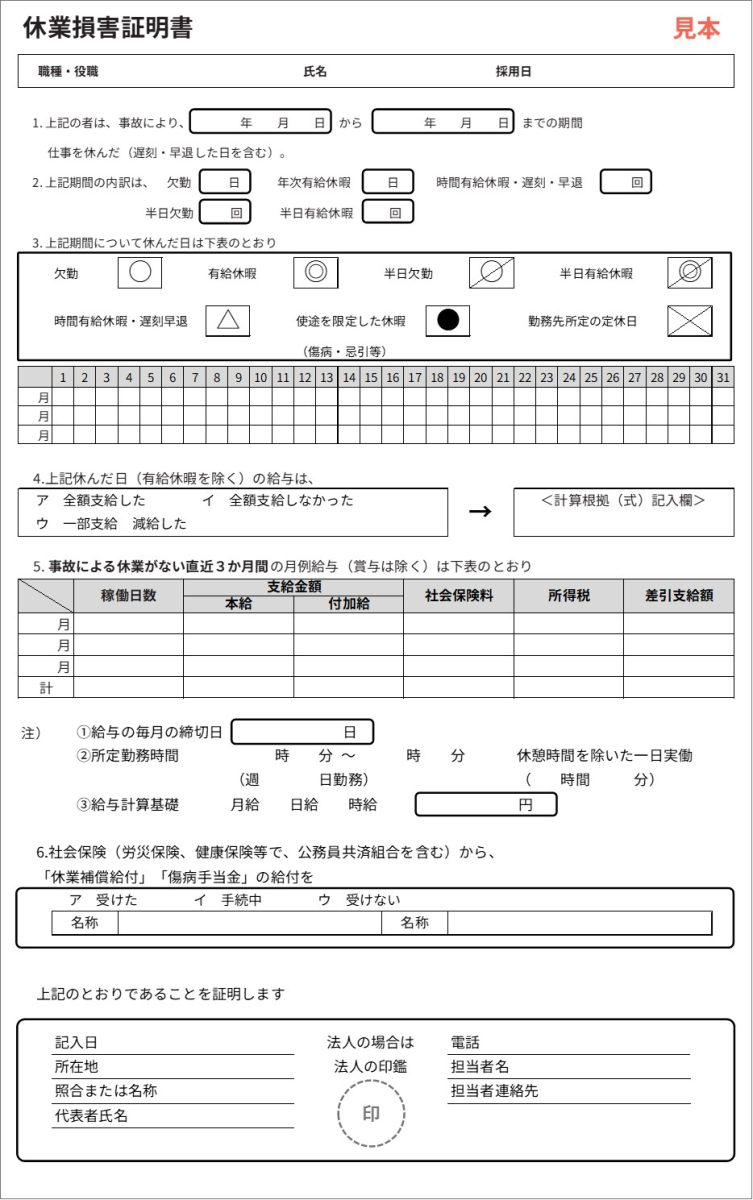 休業損害証明書の記入例